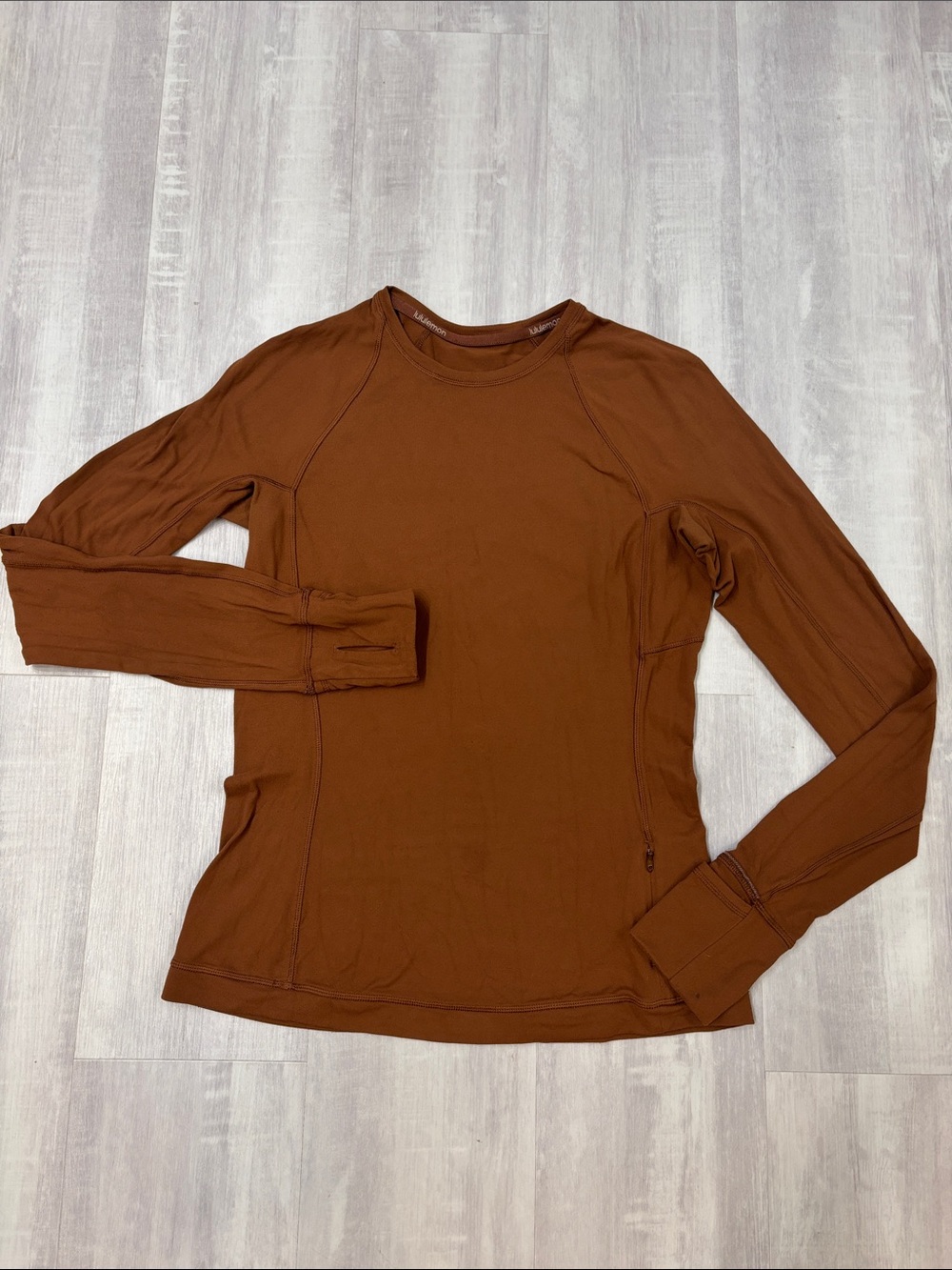 lululemon athletica Long Sleeve Crewneck Top in Brown Thumbholes Zip Pocket